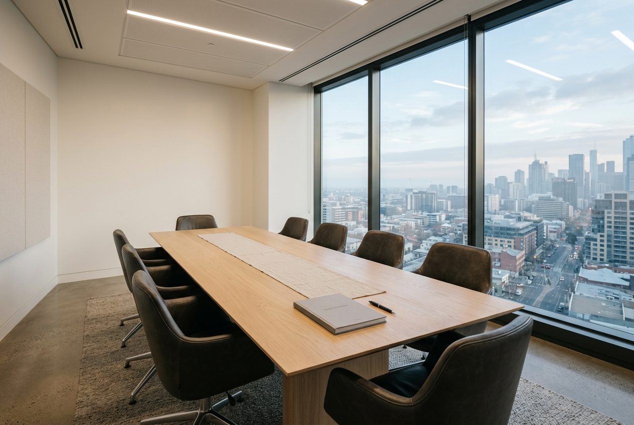 An empty boardroom with a closed presentation on the table, before a meeting